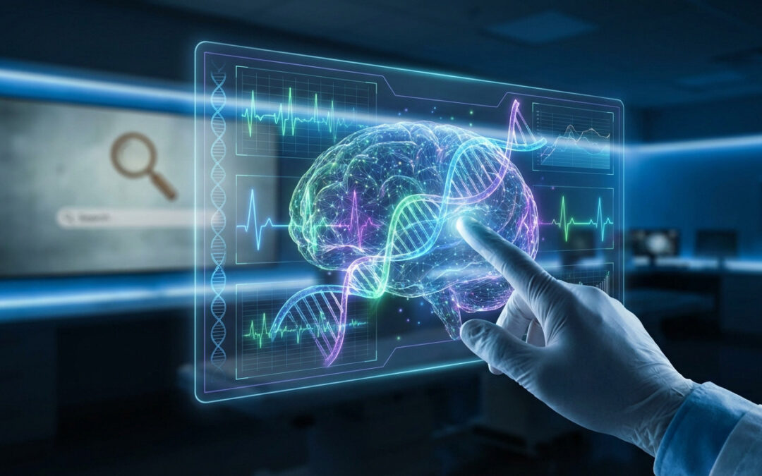 A gloved hand interacts with a holographic AI brain displaying DNA, heart rates, and medical graphs. A blurry search bar is in the background.