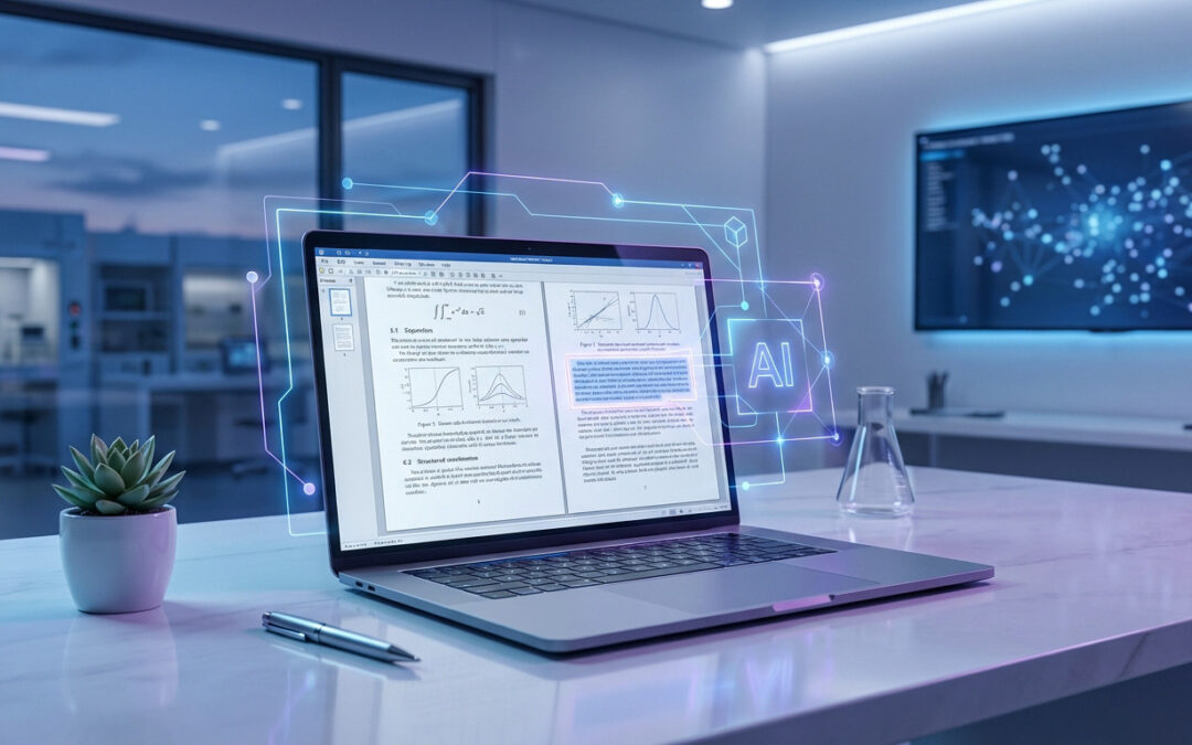 A laptop in a modern lab displays a scientific paper with math and graphs. A glowing holographic AI interface highlights text, symbolizing AI-assisted writing.