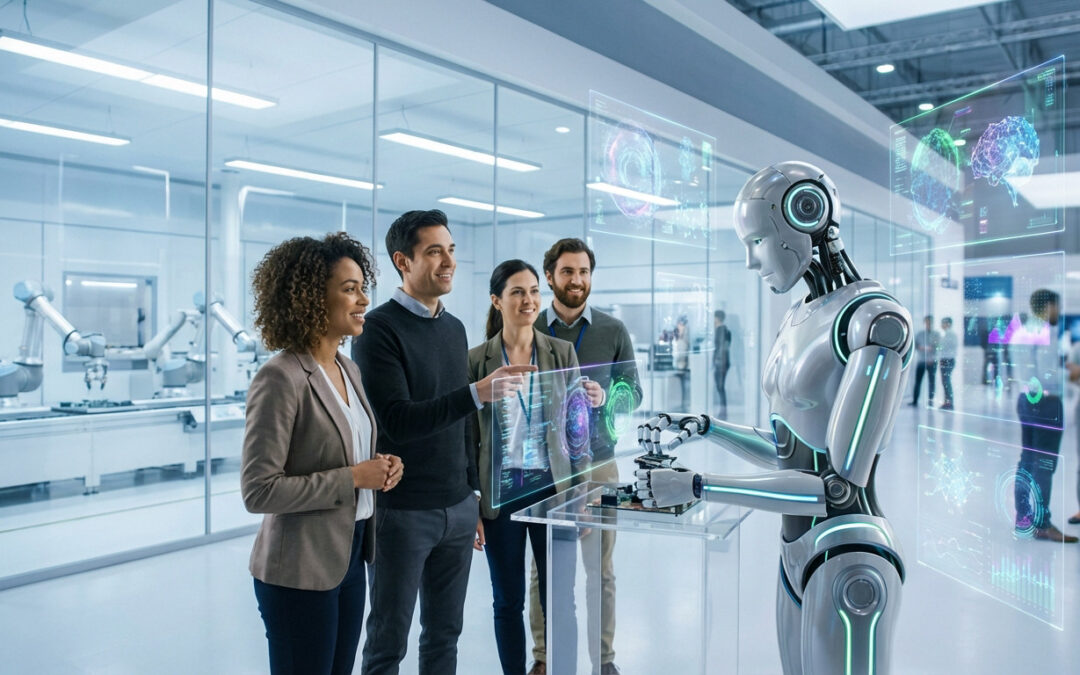 Diverse group observes a humanoid robot manipulating a circuit board amidst holographic AI data in a futuristic tech hub.