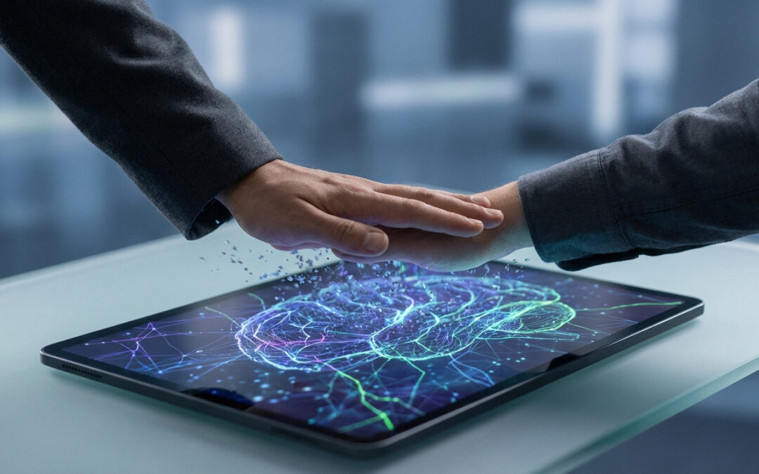 Deux mains humaines planent au-dessus d'une tablette montrant un cerveau numérique lumineux (IA), avec des particules.