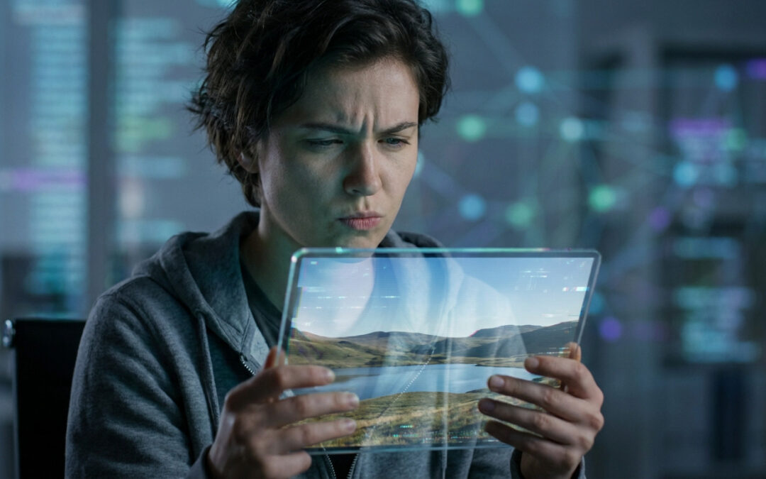 A person with a concerned expression holds a transparent tablet displaying a landscape subtly distorted by digital effects. Blurred digital background.