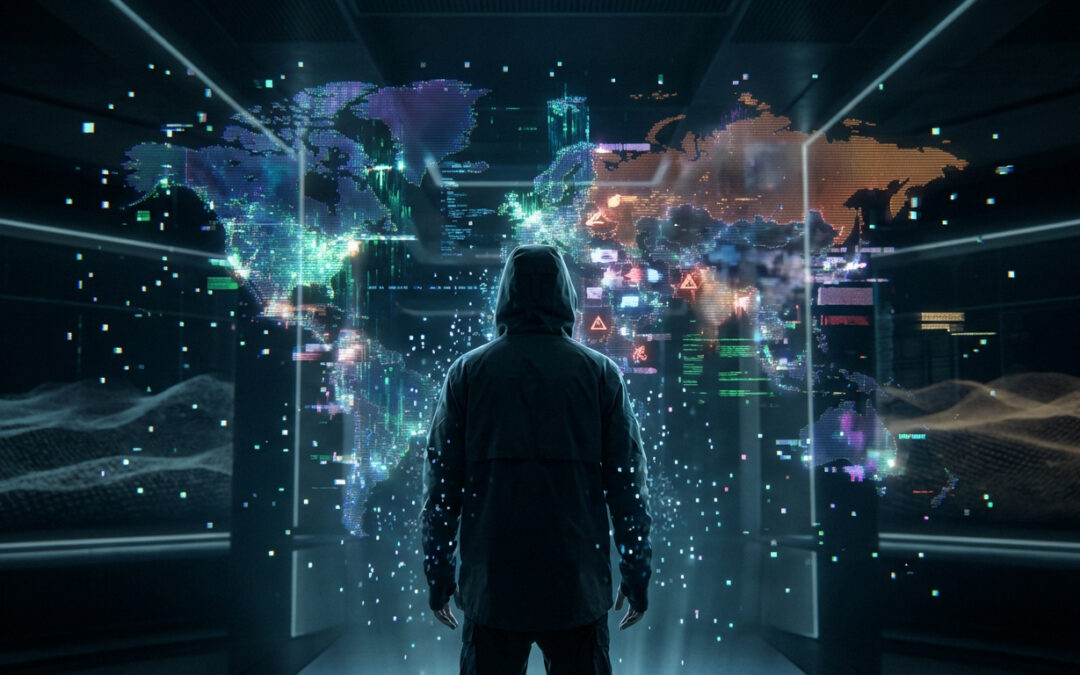 Personne encapuchonnée face à une carte du monde holographique numérique affichant des données et alertes de conflit.